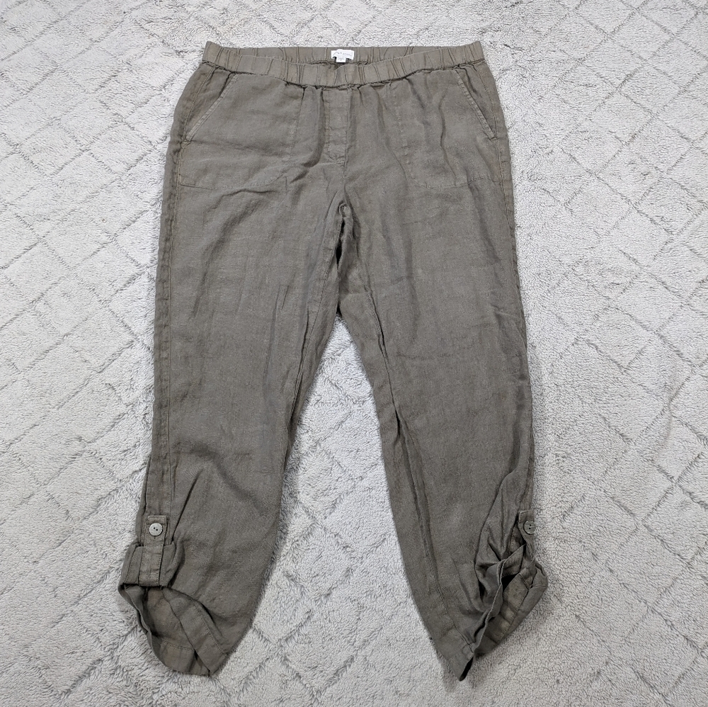 J. Jill Pants Women's XL Green Gray Linen Garment Dyed Pure Pull On Rolled Cuffs